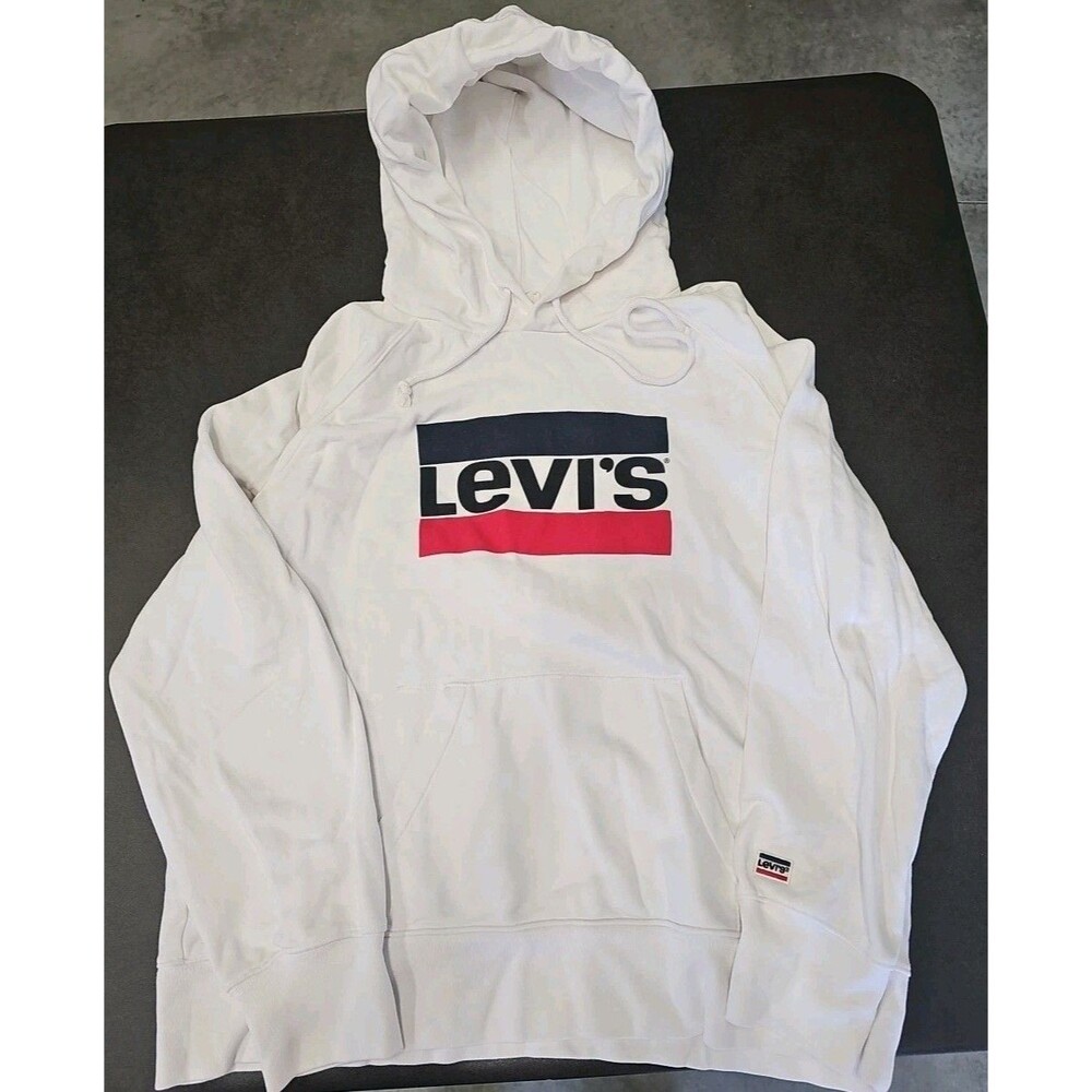 Mens Vintage Levis White Long Sleeve Hoodie Sweatshirt Large